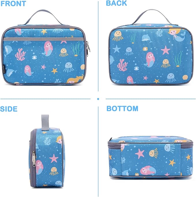 FlowFly Kids Lunch box Insulated Soft Bag Mini Cooler Back to School Thermal Meal Tote Kit for Girls, Boys, Mermaid