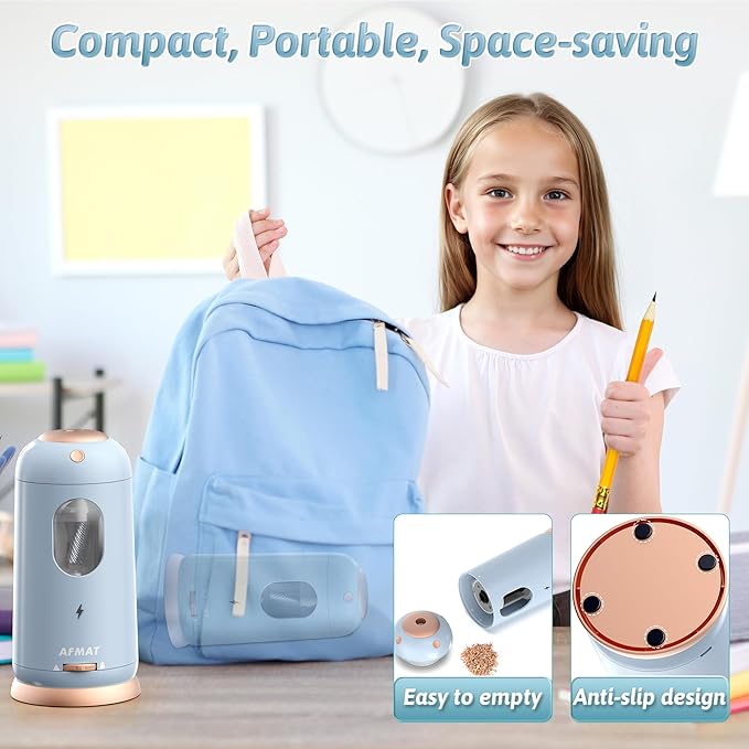 AFMAT Electric Pencil Sharpener, Auto in & Out, Fully Automatic Pencil Sharpener, Rechargeable Hands-Free Sharpeners for Jumbo & Colored Pencils (7-11.5mm), Good for Classroom/Home PSC8(Light Blue)
