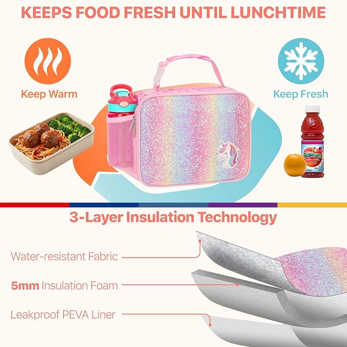 Bagseri Kids Lunch Bag Girls - Thermal Insulated Lunch Box Tote with Water Bottle Holder, Reusable Leak-Proof Kids Lunch Box for Daycare & School, Glitter Pink Unicorn (Containers Not Included)
