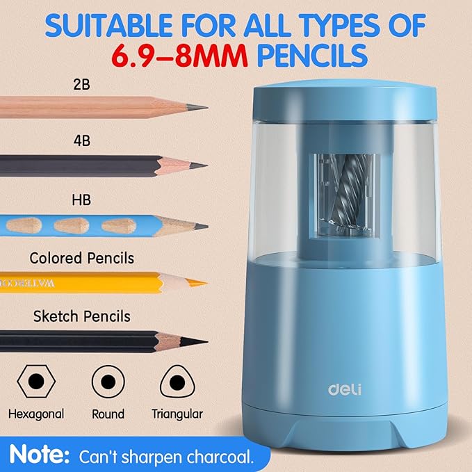 Deli Electric Pencil Sharpener, Automatic Pencil Sharpeners for No.2 Pencils Colored Pencils, Auto Stop, USB & Battery Operated for Students, Classroom, Home and Office, Blue