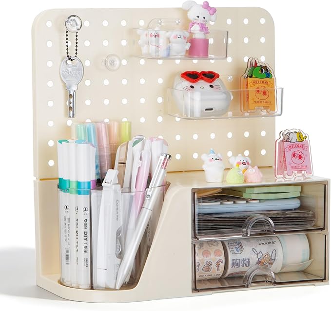 Comix Desk Organizer with Drawer, 360° Rotating Pen Holder for Desk, Pen Organizer with 5 Slots Pencil Holder+Pegboard+2 Drawer for Office Home Art Supplies (Beige)