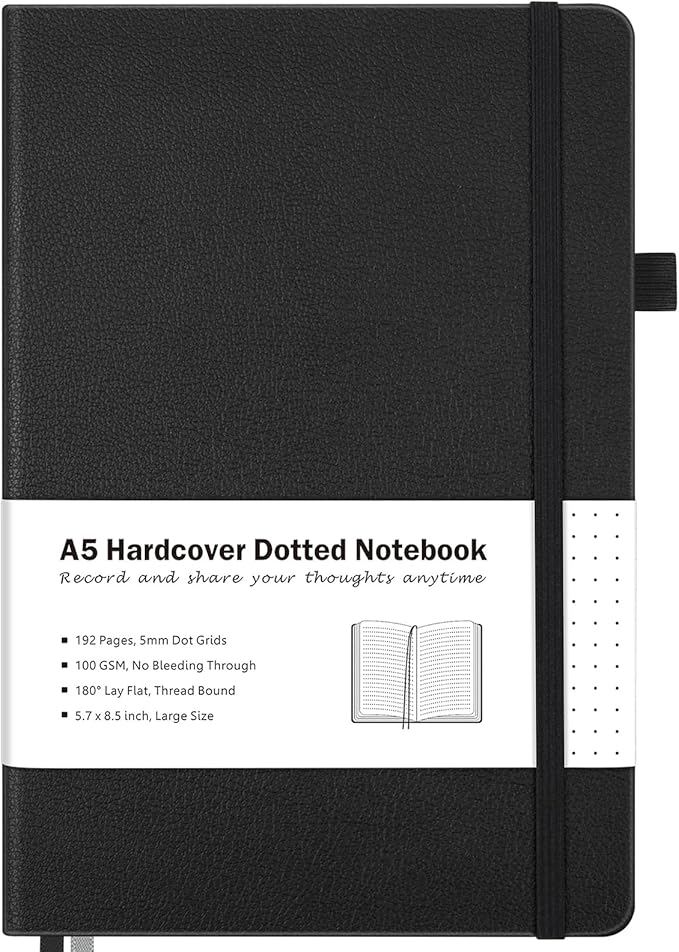 Dotted Journal, Hardcover Notebook, Dot Grid Notebook Journal for Women, Men, Large Leather Journals for Writing, Bullet, No Bleed Thick Paper, A5 Notebooks for Work, School, Notes, 5.7"x8.5", Black