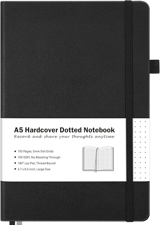 Dotted Journal, Hardcover Notebook, Dot Grid Notebook Journal for Women, Men, Large Leather Journals for Writing, Bullet, No Bleed Thick Paper, A5 Notebooks for Work, School, Notes, 5.7"x8.5", Black