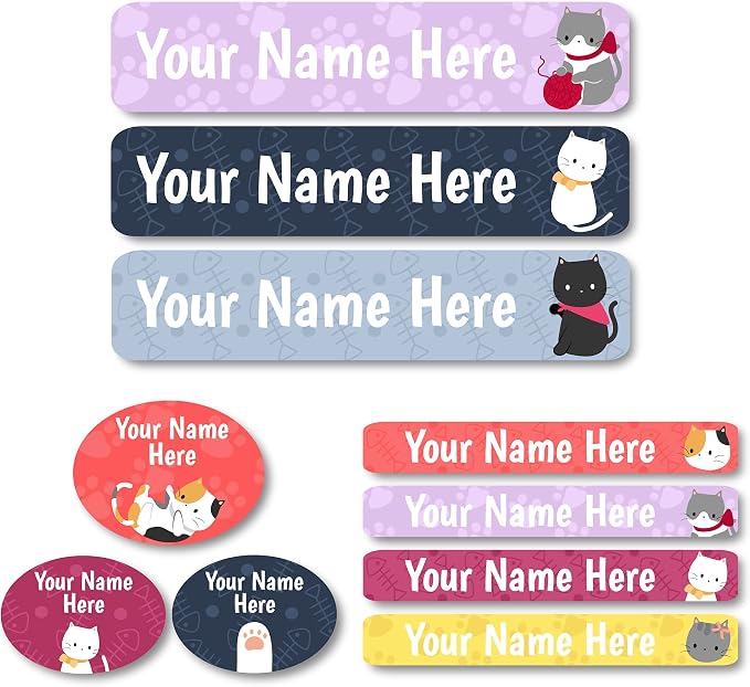 Lovable Labels Personalized Labels for Kids (85 Labels/Pack) - 3 Label Sizes Waterproof Dishwasher Safe Peel & Stick Labels for School Supplies Daycare Camp Clothing Bottles (Cat-titude)