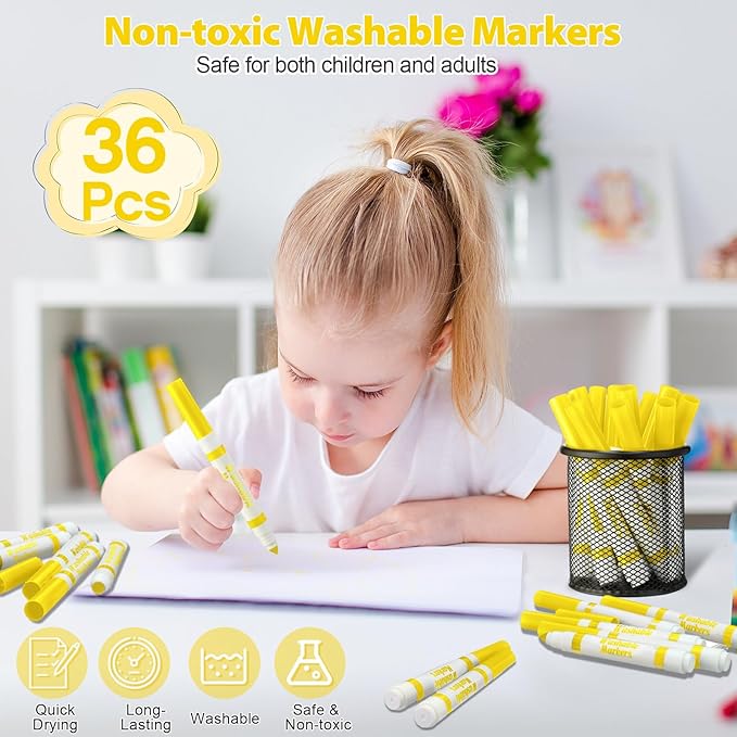 36 Pcs Yellow Washable Markers Bulk Coloring Broad Line Markers for Kids Conical Tip Drawing Pen for Christmas, School Supplies, Travel Art Baby Shower Gender Reveal Party Supplies, Ages 6+