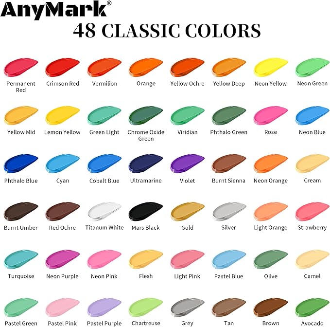 AnyMark Acrylic Paint Set, 48 Classic Colors with 12 Brushes, 2 fl oz/60ml Bottles, Art kit Painting Supplies for Kids Adults Canvas, Rock, Wood