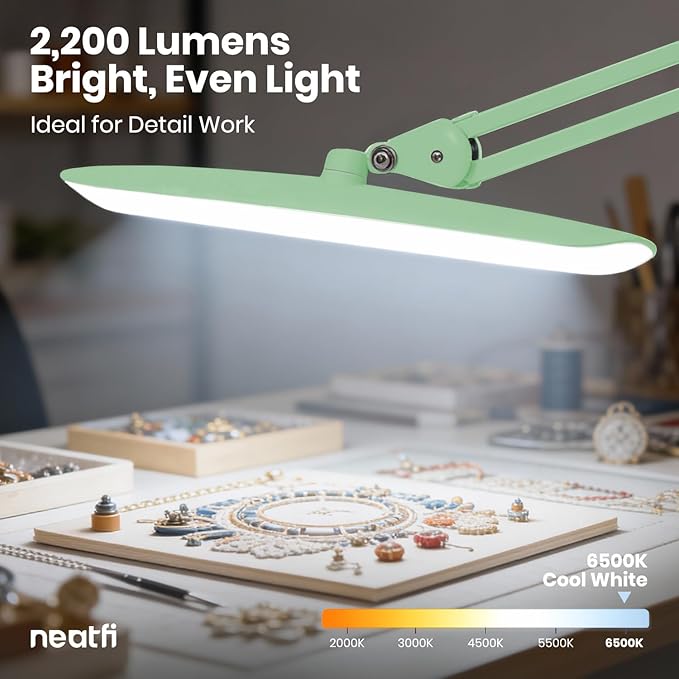 Neatfi XL 2200 Lumens 24W LED Desk Lamp – Shadow-Free Task Lighting | 4-Level Dimming | Home Office & Crafts Use | 20-Inch Wide Head (Midnight Green, Non-CCT with Clamp)