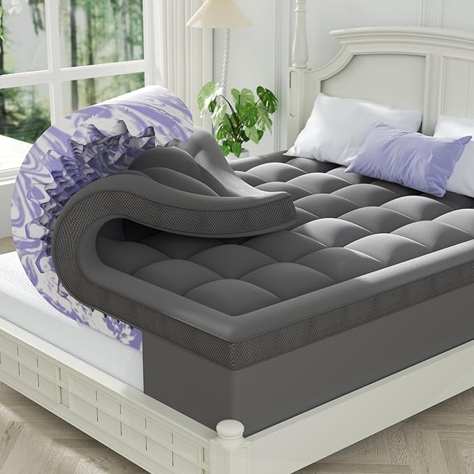 ChiXpace Dual Layer 4 Inch Memory Foam Mattress Topper California King | 2 Inch Gel Memory Foam and 2 Inch Pillow Top Mattress Pad for Back to School , 7-Zone Egg Crate & 2-in-1 Design (Grey)