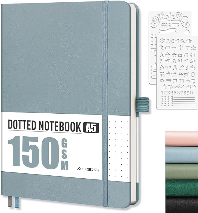 AHGXG Dotted Journal - 150 GSM Dot Grid Notebook Journal, Thick Acid-Free Paper, A5 Dotted Notebook 128 Pages, Leather Hardcover, Inner Pocket, Journal Stencil, 5.7'' × 8.3'', Gray Blue