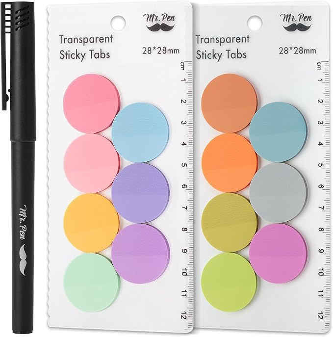 Mr. Pen- Round Transparent Sticky Notes, 1.1” Diameter, 14 Pads, 560 Sheets, Colorful, Water-Resistant See-Through Sticky Notes & Fineliner, Smooth Writing, Note Tabs for Bible Journaling, Studying