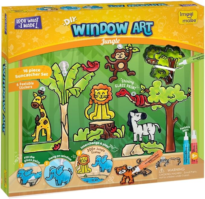 Imagimake Window Art Jungle | 16-Piece Glass Paint & Suncatcher Kit | Craft & Discover Animals | Art Kit for Kids| 5 Year Old Boy Gifts | Birthday Gifts for Boys & Girls Ages 5,6,7,8,9,10,11,12