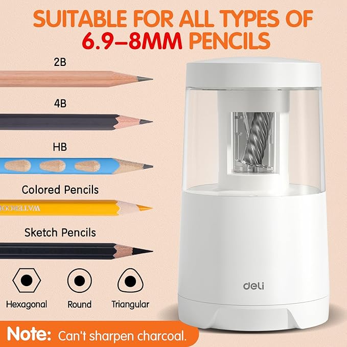 Deli Electric Pencil Sharpener, Automatic Pencil Sharpeners for No.2 Pencils Colored Pencils, Auto Stop, USB & Battery Operated for Students, Classroom, Home and Office, White