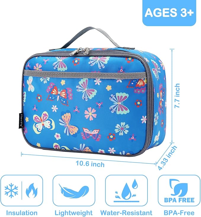 FlowFly Kids Lunch box Insulated Soft Bag Mini Cooler Back to School Thermal Meal Tote Kit for Girls, Boys, Butterfly