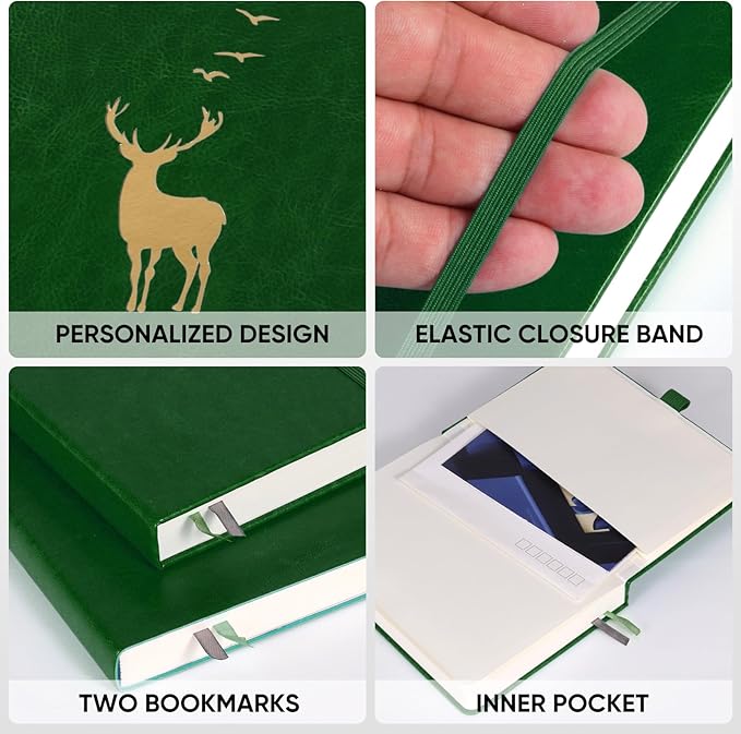 A5 Lined Journal Notebook - 312 Numbered Pages Leather Journals for Writing,3 Pages Index Content,100 GSM Thick Paper,Hardcover, 5.75'' X 8.38'', Dark Green