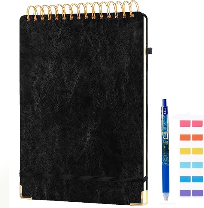 Top Spiral Notebook 8.5x11, A4 Large Leather Hardcover Top Bound Steno Pads, 240 Pages 100gsm Thick Lined Paper,Wide Ruled,Left Handed Notebook Journal for Work, School - Black