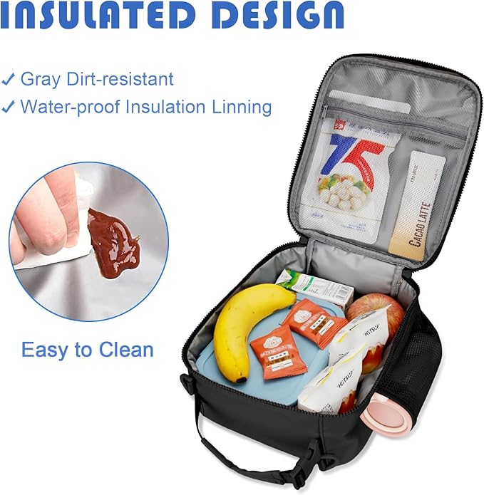 Initial Insulated Lunch Bag for Boys Kids, Back to School Gift, Reusable Leak-proof Lunch Box with Adjustable Strap for School Daycare Travel Picnic（Black，R）
