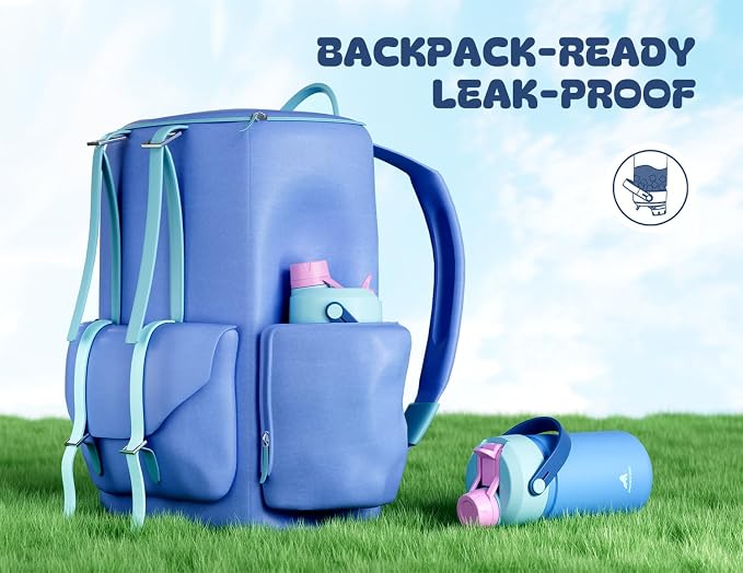 12 oz Kids Insulated Water Bottle for School: 2-in-1 Straw Spout Lid, Leakproof, BPA-Free, Keep Cold 24H, Reusable Stainless Steel Cup for Travel, Camping, Birthday Gift for Boys Girls (Ohana Blue)