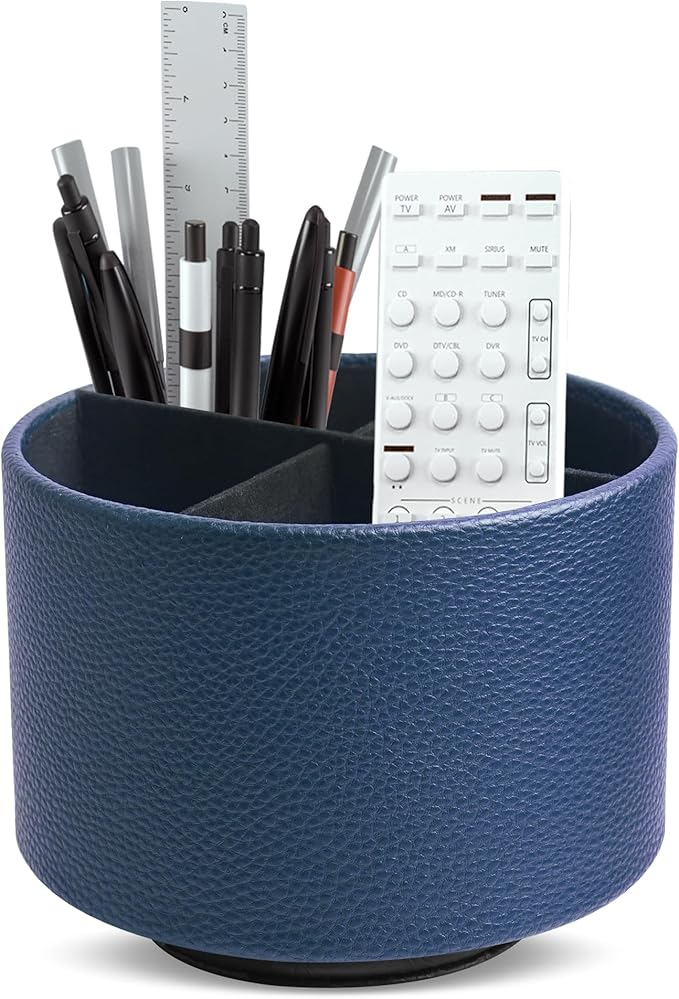 Round Leather Art Supply Organizer,Remote Control Holder,360 Degree Spinning,Multi-Functional Pencil Holder,4 Compartments Desktop Stationary Organizer(1-Lichee Blue)