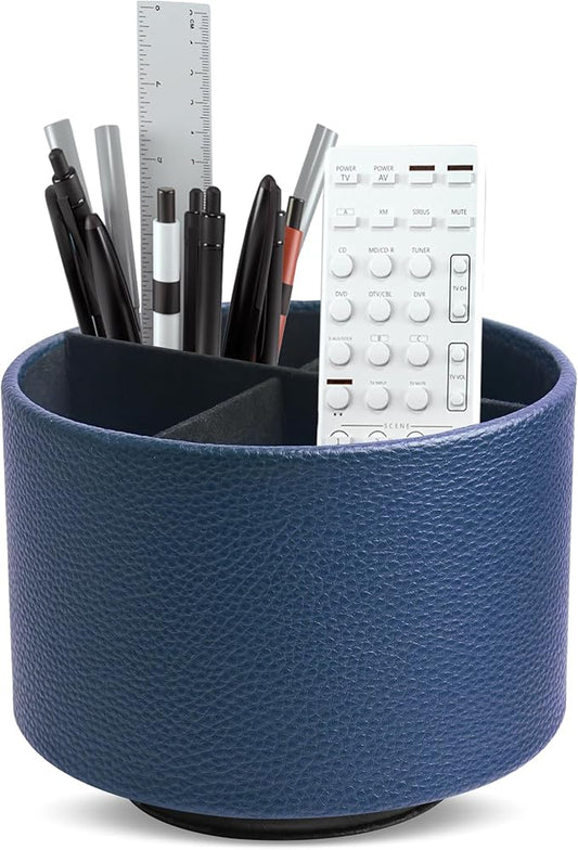 Round Leather Art Supply Organizer,Remote Control Holder,360 Degree Spinning,Multi-Functional Pencil Holder,4 Compartments Desktop Stationary Organizer(1-Lichee Blue)
