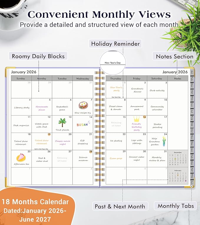Planner 2026-2027, 18 Months Weekly and Monthly Hardcover Planner, January 2026 - June 2027, 5.75" x 8.38" A5 Daily Calendar Planner Book with Tabs, Spiral Yearly Agenda Organizer Notebook for School Work Home, Purple