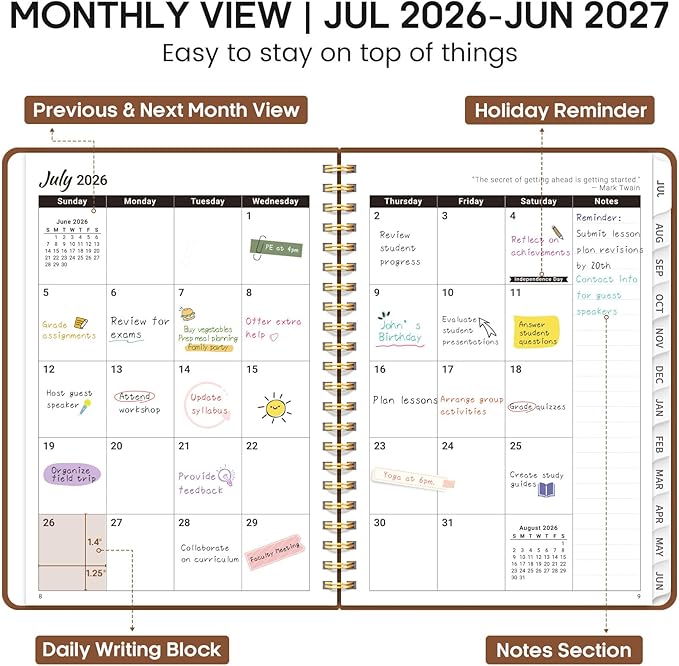 Academic Planner 2026-2027, Weekly and Monthly Calendar Planner Book, July 2026 – June 2027, Hardcover Organizer with Tabs, Perfect for Teachers, Students, Women & Men, A5 (6.4" x 8.5") - Brown
