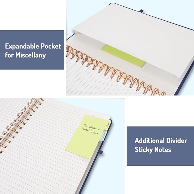 Forvencer Lined Spiral Journal Notebook with 300 Numbered Pages, A5 College Ruled Thick Journals for Writing with 100GSM Paper, Hardcover Notebooks with Contents for Work, School, Women, Men, Navy