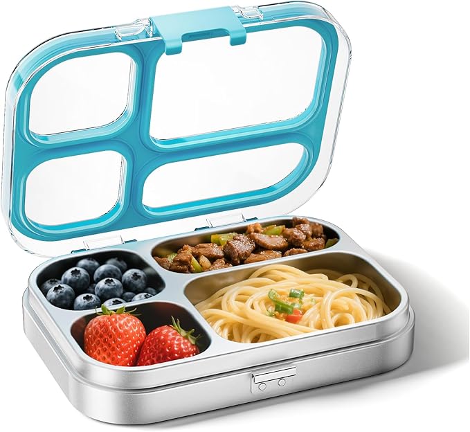 G.a HOMEFAVOR Stainless Steel Lunch Box - 4 Compartments Bento Box for Kids, Leakproof Food Container for School, Office, Dishwasher Safe, BPA-Free, 800 ml/27 oz, Blue