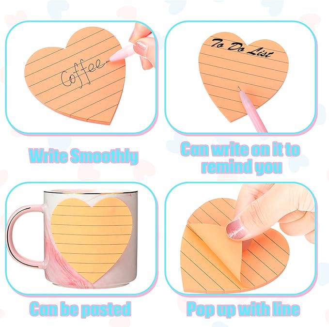 Teling 24 Pack Valentine's Day Sticky Notes Heart Lined Sticky Notes Self Adhesive Love Memo Pads for Valentines Party Exchange Gifts Office Home School 3x3 Inch(Light Colors, Classic)