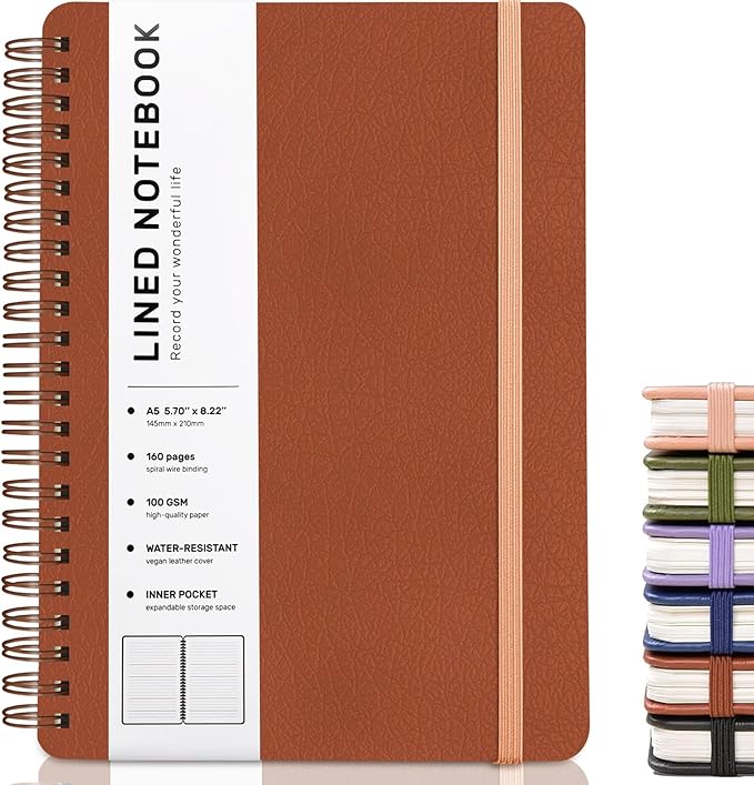 ABERLLS Lined Spiral Journal Notebook with 160 Pages, 8×5.7in, A5 Spiral Notebook, Journaling Notebooks for Work, School, Women, Men, College Ruled Spiral Notebook, Hardcover Leather Journals, Brown