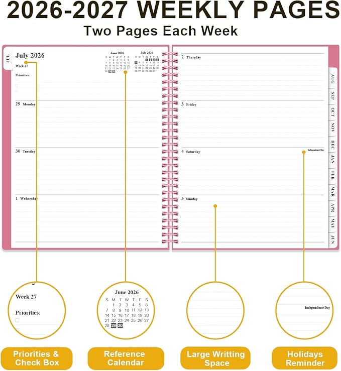 Academic Planner 2026-2027 - Weekly & Monthly Planner from July 2026 to June 2027, Agenda 2026 2027 with Inner Pocket, Elastic Band, 8.5" x 11", Pink