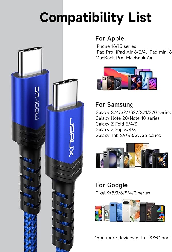 JSAUX 3-Pack USB C to USB C Cable 100W [6.6ft+6.6ft+6.6ft] Compatible with iPhone 17 Air 16 15 Pro Max Samsung Galaxy S25 S24 CarPlay iPad Pro, Type C to C Charger Cable Fast Charging - Blue