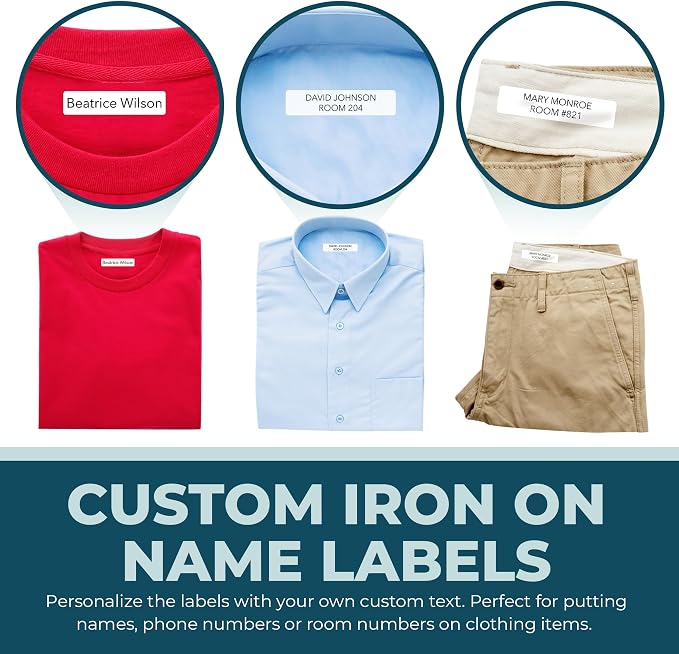 Personalized Iron On Name Labels (130 Labels) - Custom Washable Name Tags for Clothing - Iron On Clothing Labels for Nursing Home or Daycare
