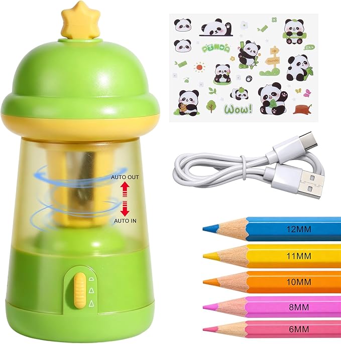 Rechargeable Electric Pencil Sharpener, 6-12mm Auto in & Out Fully Automatic Pencil Sharpener for Kids, Large Capacity Battery Powered, with Cartoon Stickers Ideal for Classroom & Home (Green)