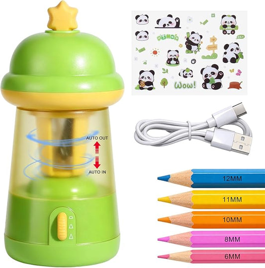Rechargeable Electric Pencil Sharpener, 6-12mm Auto in & Out Fully Automatic Pencil Sharpener for Kids, Large Capacity Battery Powered, with Cartoon Stickers Ideal for Classroom & Home (Green)