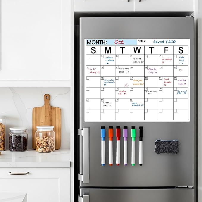 Dry Erase Magnetic Calendar for Refrigerator - Monthly Planner Magnet Whiteboard for Fridge Wall Door - Shopping, Meal/Menu, to Do List, Family Schedule Planning Board with 6 Markers - Black