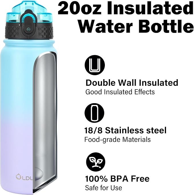 Oldley Insulated Water Bottle 20oz Water Bottles with Straw, Stainless Steel Water Bottle with 3 Lids, Double Wall Vacuum Bottels for Adults School Kids,Leak-Proof Sport Bottles, Ombre Blue-purple