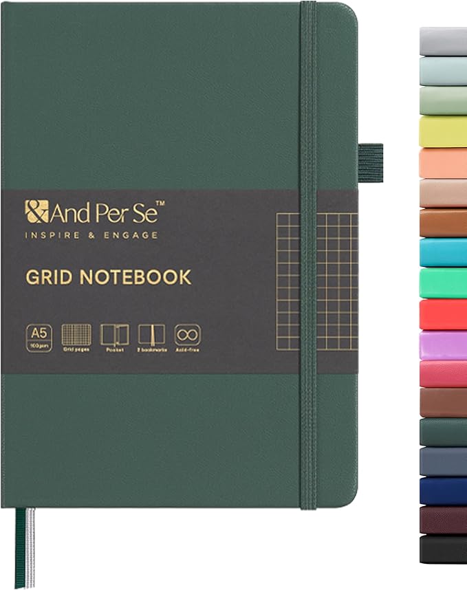 &And Per Se Graph Notebook, 5mm Grid, A5 Hardcover, 160 Pages 100gsm Thick Paper, Grid Journal for Diagrams, Wireframes, CAD Sketches (Green)