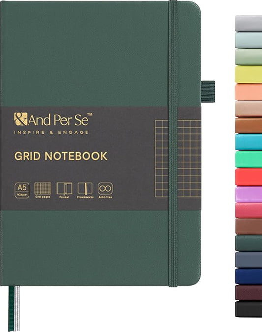 &And Per Se Graph Notebook, 5mm Grid, A5 Hardcover, 160 Pages 100gsm Thick Paper, Grid Journal for Diagrams, Wireframes, CAD Sketches (Green)
