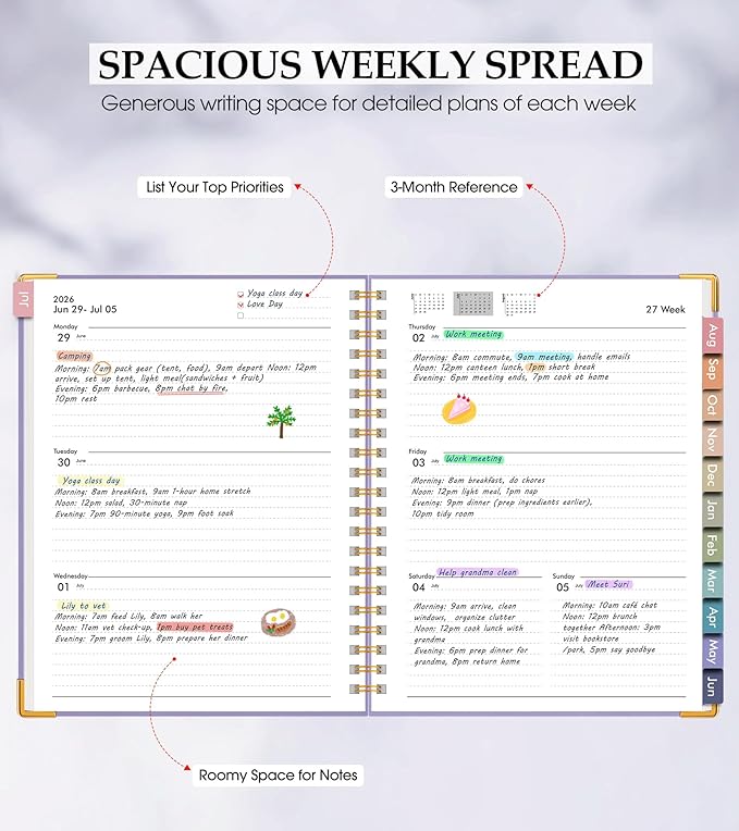 Academic Planner 2026-2027, Hardcover Leather Weekly and Monthly Calendar Planner from July 2026 - June 2027, A5 6.1" x 8.2" Daily Agenda with Tabs, College School Organizer for Student Teacher, Purple