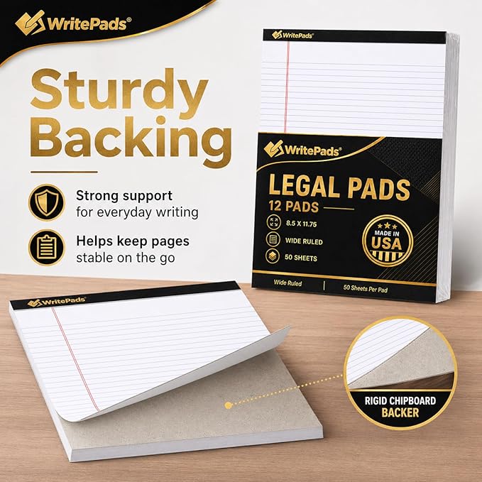 Legal Pads 8.5 x 11.75 Inch Wide Ruled Writing Pads, 12 Pack Note Pads - White Perforated Paper with Hard Back, 50 Sheets Per Pad, No Bleed Paper Notepad for Office, School, Business MADE IN USA