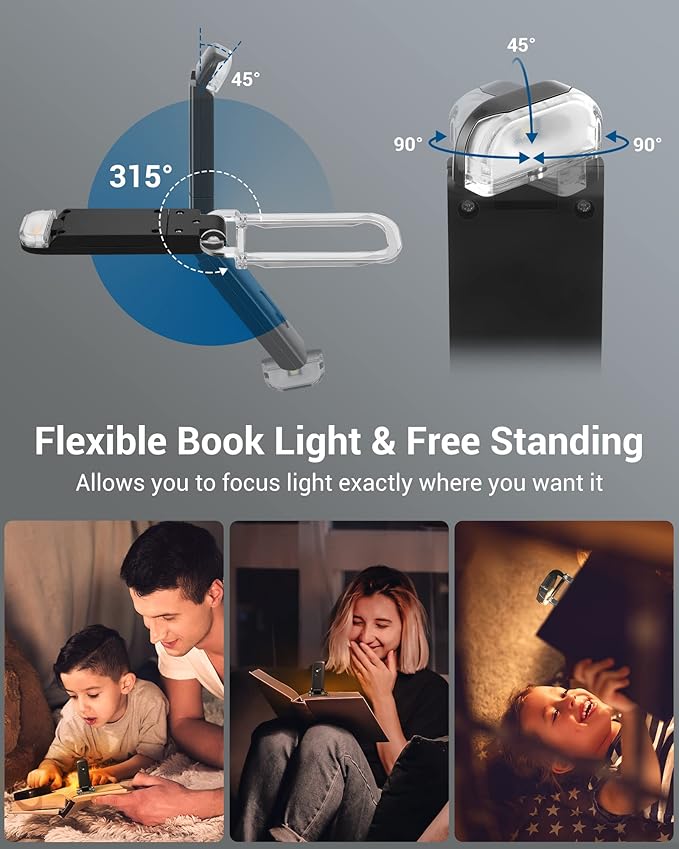 DEWENWILS Book Light, Amber Warm Clip On LED with 3 Adjustable Brightness for Eye Protection, Rechargeable USB Long Lasting Reading Light, Gifts for Bookworms, Kids (Black)