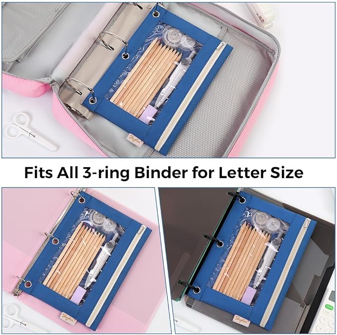 SKYDUE Pencil Pouch for 3 Ring Binder, 9.8" x 7.3" Clear Window Pencil Bag | Zipper Pencil Pouches for Girls Boys, Pencil Pouch with 3 Reinforced Grommets, Durable Organizer for School Supplies