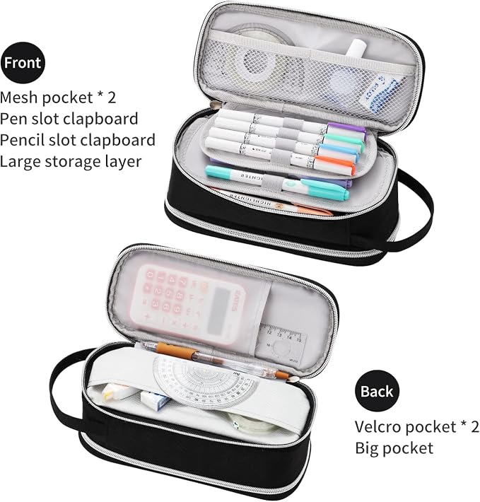 Dugio Large Pencil Bag for Boys School Organizer Pencil Pouch Big Black | Teens Kids Pencil Case with Zipper Aesthetic Pencil Box for School Supplies, Wear-resistant Fabric, Thick Multi-layer Fabric