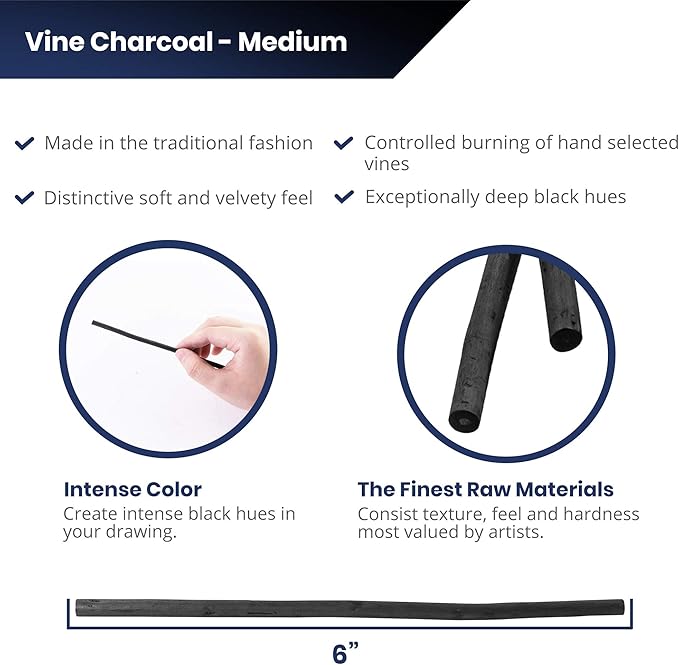 Pacific Arc 2 Pack Artist Vine Charcoal, Medium, Black 4 Charcoal Sticks for Drawing, Sketching, and Fine Art …