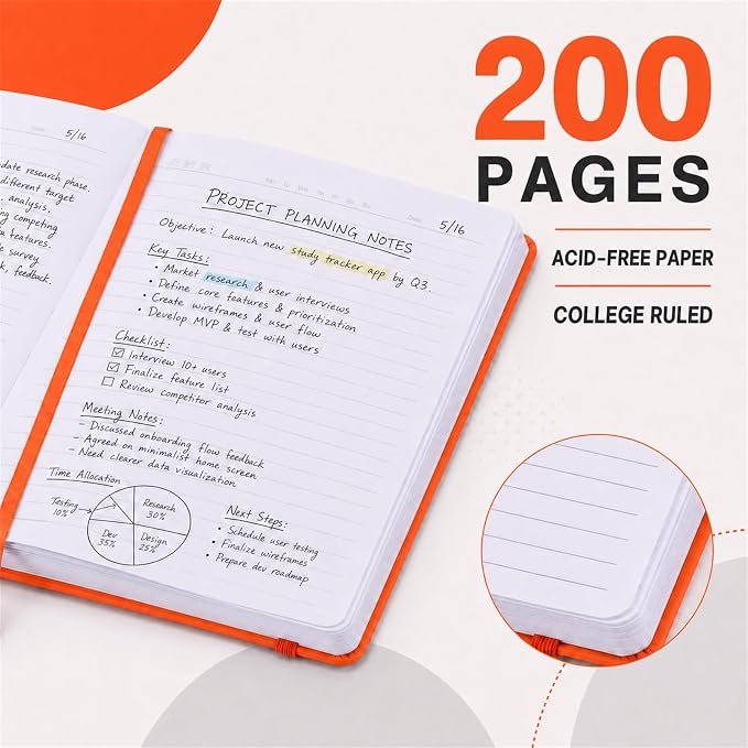 SUIN A5 Hardcover Lined Journal Notebook, 200 Pages, Orange, 1 Pack