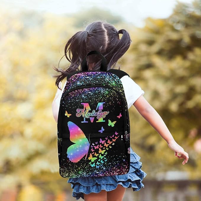 M YESCUSTOM Personalize Girls Backpack with Lunch Bag, Butterfly Custom Backpack for Girl Kids Bookbag Elementary School Kindergarten Travel Bag