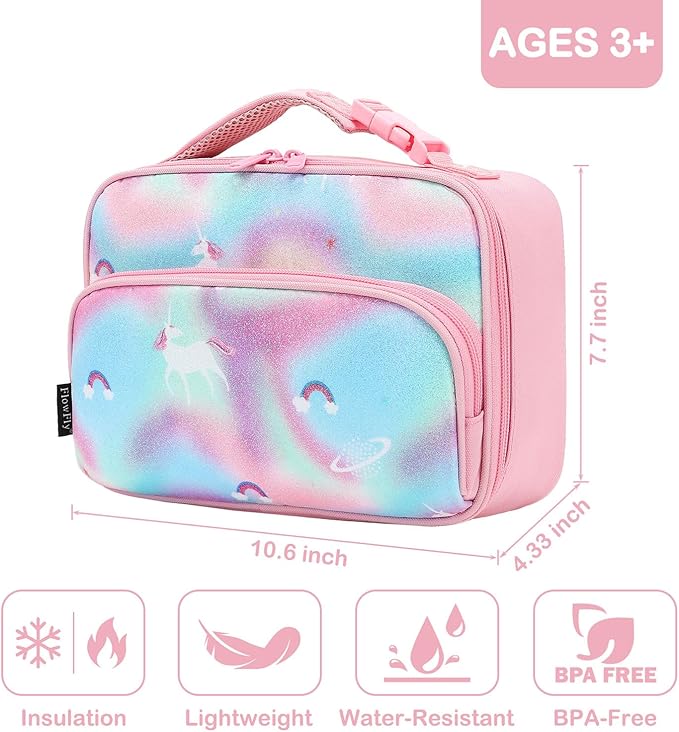 FlowFly Kids Lunch box Insulated Soft Bag Mini Cooler Back to School Thermal Meal Tote Kit for Girls, Boys,Glitter-Unicorn