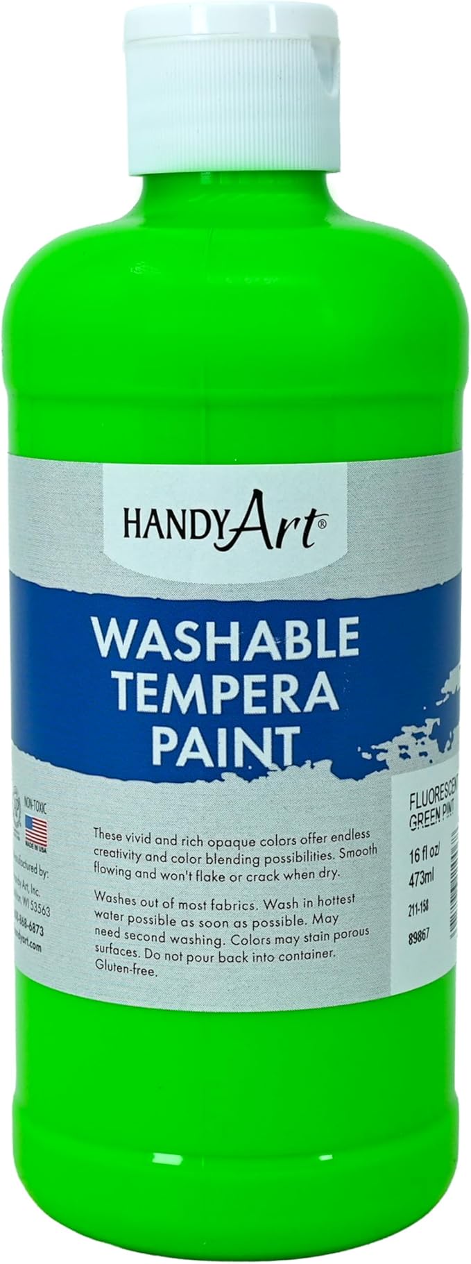 Handy Art Washable Tempera Paint, Fluorescent Green, 16 oz Bottle, Bright & Mixable, High Opacity, Glows UV Neon with Blacklight, Students, Kids, Young Artists, Safe & Non-Toxic, Made in USA