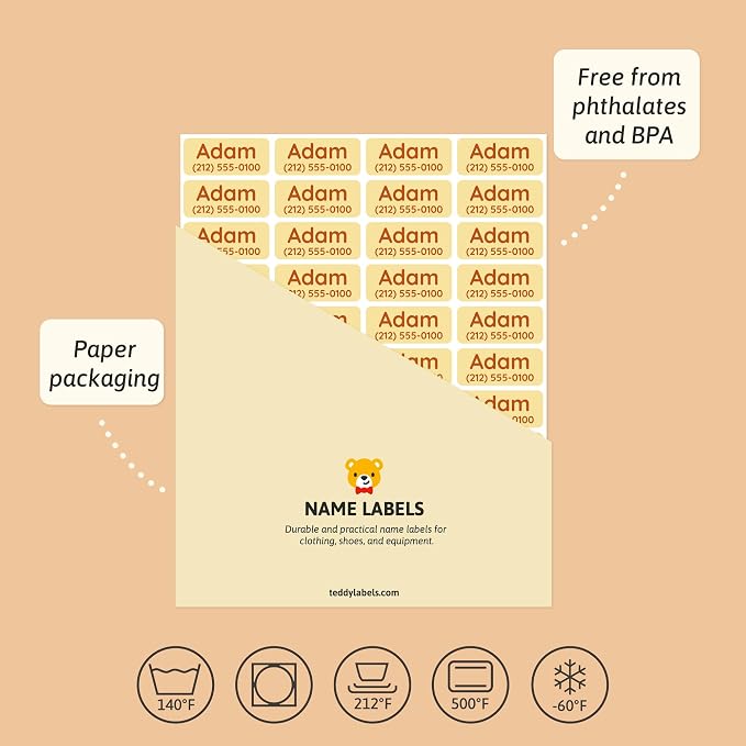 TeddyLabels - Clothing Labels for Nursing Home (60) – Self-Adhesive Name Tags for Clothes and Personal Items. Personalized Labels for Daycare, Nursing Homes, and Laundry Use - Yellow