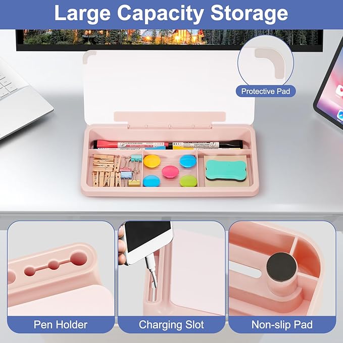DOLLAR BOSS 12''x7'' Glass Desktop Whiteboard Small Dry Erase Board with Storage Drawer Computer Keyboard Stand Desk Organizer Office Accessories School Supplies with 4 Markers, Pink